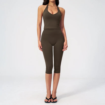 Sports Set Two Pieces Yoga Set Women'S Sports Set Quick Drying Short Sleeve Fitness Set Gym Running Slim Capri Pants Sportswear
