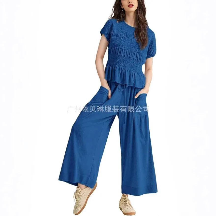2 Pieces Set for Woman Cotton Pants Solid Long Trousers Two Piece Set Wide Leg Harem Pants Drawstring Casual Pants Blue Womens