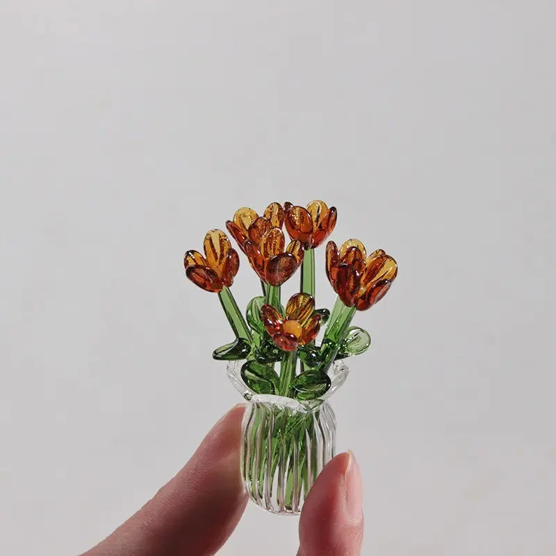 1 Set (8 Flowers + 1 Vase) Handcrafted Mini Glass Artificial Flower Ornaments, DIY Faux Flower Arrangement Bouquet, Decorative Mixed Flower Set for Gifting and Event Decorations, Faux Floral Decor, Artificial Flower Bouquets #GLOBAL PICKS