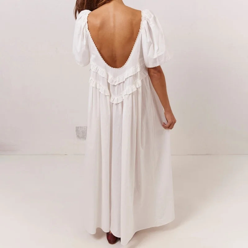 Vacation Dresses Women Y2K Clothes Solid/Plaid Print Low Cut Short Sleeve Swing Loose Long Dress Ladies Party Dresses
