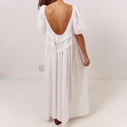 Vacation Dresses Women Y2K Clothes Solid/Plaid Print Low Cut Short Sleeve Swing Loose Long Dress Ladies Party Dresses