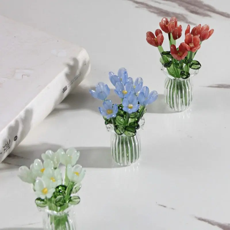 1 Set (8 Flowers + 1 Vase) Handcrafted Mini Glass Artificial Flower Ornaments, DIY Faux Flower Arrangement Bouquet, Decorative Mixed Flower Set for Gifting and Event Decorations, Faux Floral Decor, Artificial Flower Bouquets #GLOBAL PICKS
