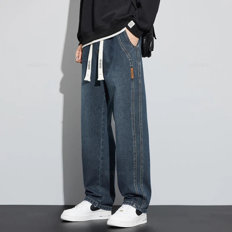 Brand Clothing New Design Cotton Jeans Men Baggy Elastic Waist Cargo Denim Pants Work Wide Leg Korean Trousers Male 4XL