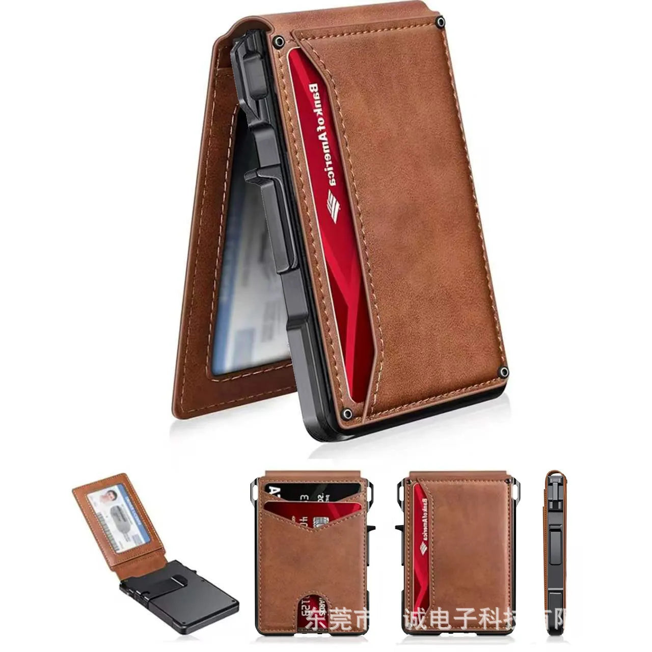 RFID Blocking Pop up Card Holder Wallet for Men Carbon Fiber Texture PU Leather Aluminum Slim Money Clip ID Window