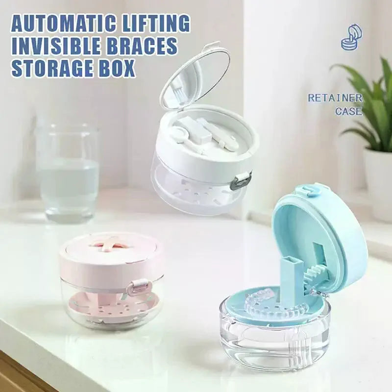 Portable 2 in 1 Multi-Layer Denture Retainer Case with Clip-On Cap Cleaning Storage Box with Cleaning Brush No-Leak Oral Box