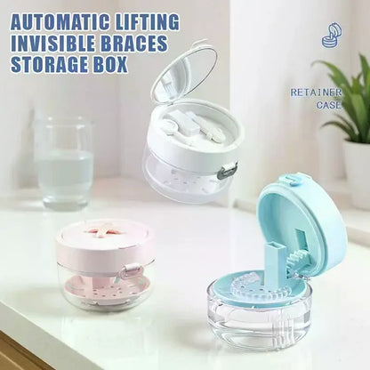 Portable 2 in 1 Multi-Layer Denture Retainer Case with Clip-On Cap Cleaning Storage Box with Cleaning Brush No-Leak Oral Box