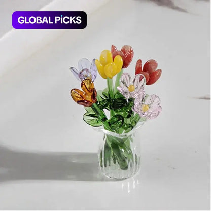 1 Set (8 Flowers + 1 Vase) Handcrafted Mini Glass Artificial Flower Ornaments, DIY Faux Flower Arrangement Bouquet, Decorative Mixed Flower Set for Gifting and Event Decorations, Faux Floral Decor, Artificial Flower Bouquets #GLOBAL PICKS