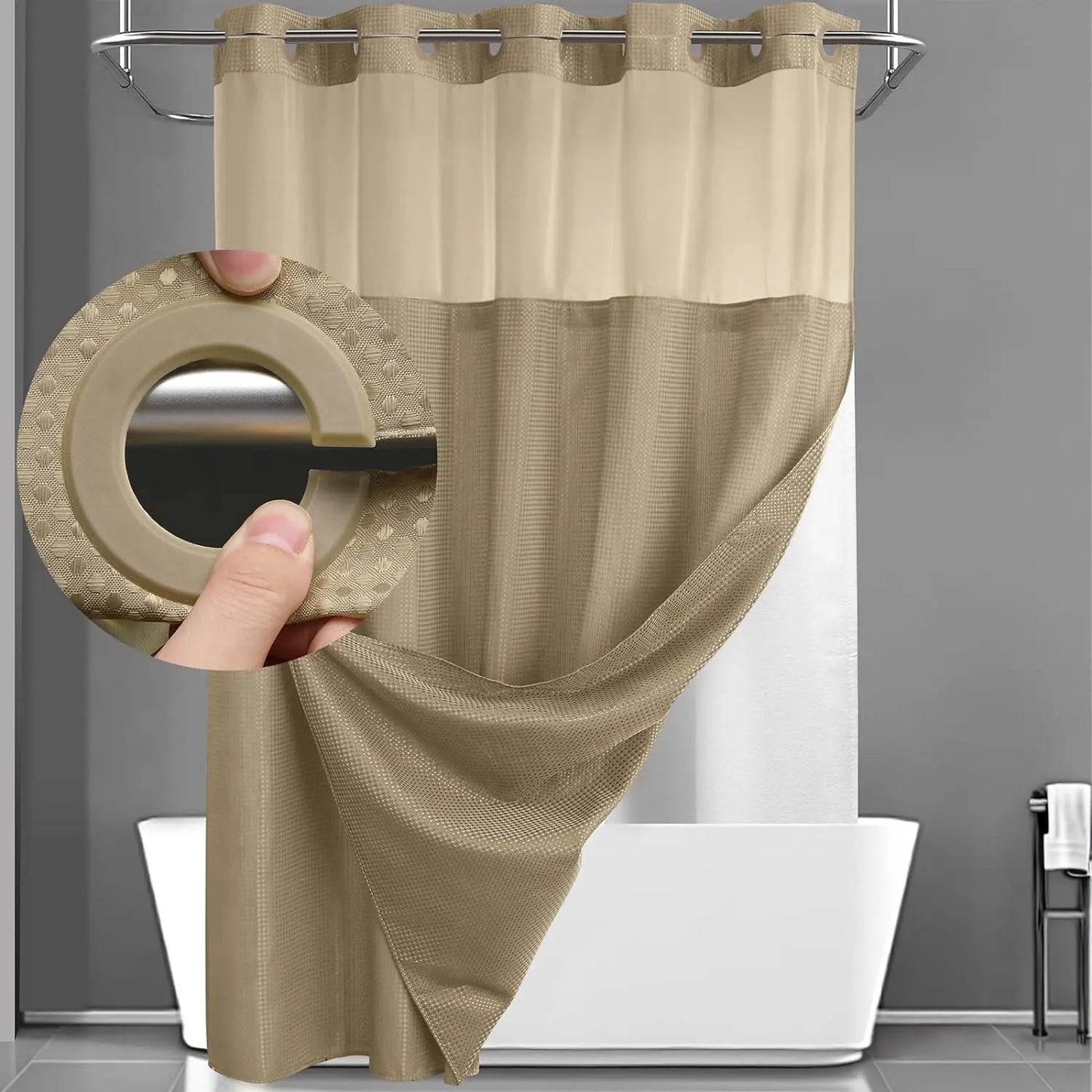 No Hook Washable Waffle Weave Shower Curtain with Snap in Liner -Waterproof Double Layer Shower Curtain with Washableinner Liner, 72 X75 Inch Showercurtain