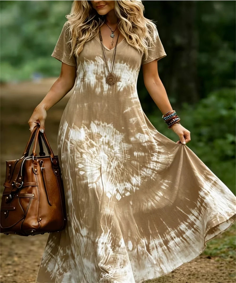 Ladies' Summer New Retro Tie Dye Printed Daily Comfortable Dress, Elegant and Casual V-Neck Dress