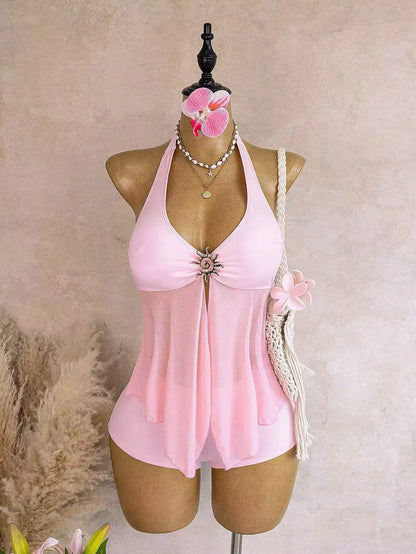 Sexy Beige Two Piece Bikini Set 2026 Women Metal Sun Ornament Mesh Tank Top High Waist Swimsuit Holiday Bathing Suit Swimwear