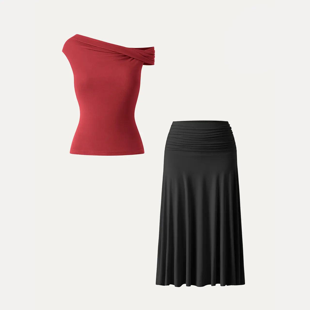 OGL Women'S 2-Piece Matching Skirt Set - Multi-Wear Versatile Neckline Brami Top with Built-In Bra, Flowy Side Ruched A-Line Midi Skirt, Skinkiss Fabric for Summer, Cute 2-Piece Sets for Women'S Clothes Trendy Fashion Style Trendy Look Fashionnova