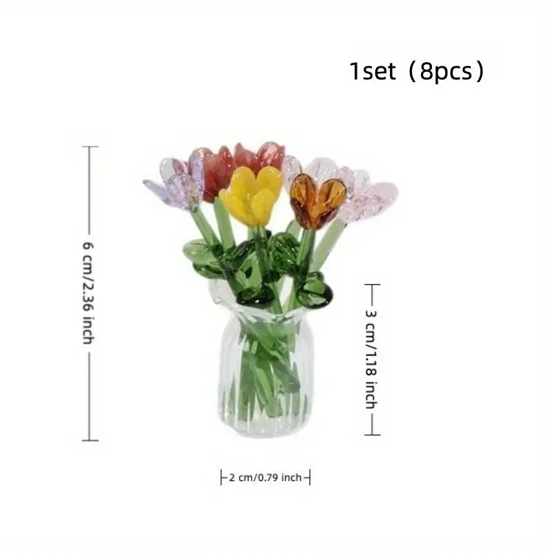 1 Set (8 Flowers + 1 Vase) Handcrafted Mini Glass Artificial Flower Ornaments, DIY Faux Flower Arrangement Bouquet, Decorative Mixed Flower Set for Gifting and Event Decorations, Faux Floral Decor, Artificial Flower Bouquets #GLOBAL PICKS
