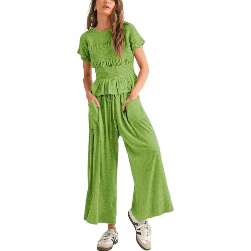 2 Pieces Set for Woman Cotton Pants Solid Long Trousers Two Piece Set Wide Leg Harem Pants Drawstring Casual Pants Blue Womens