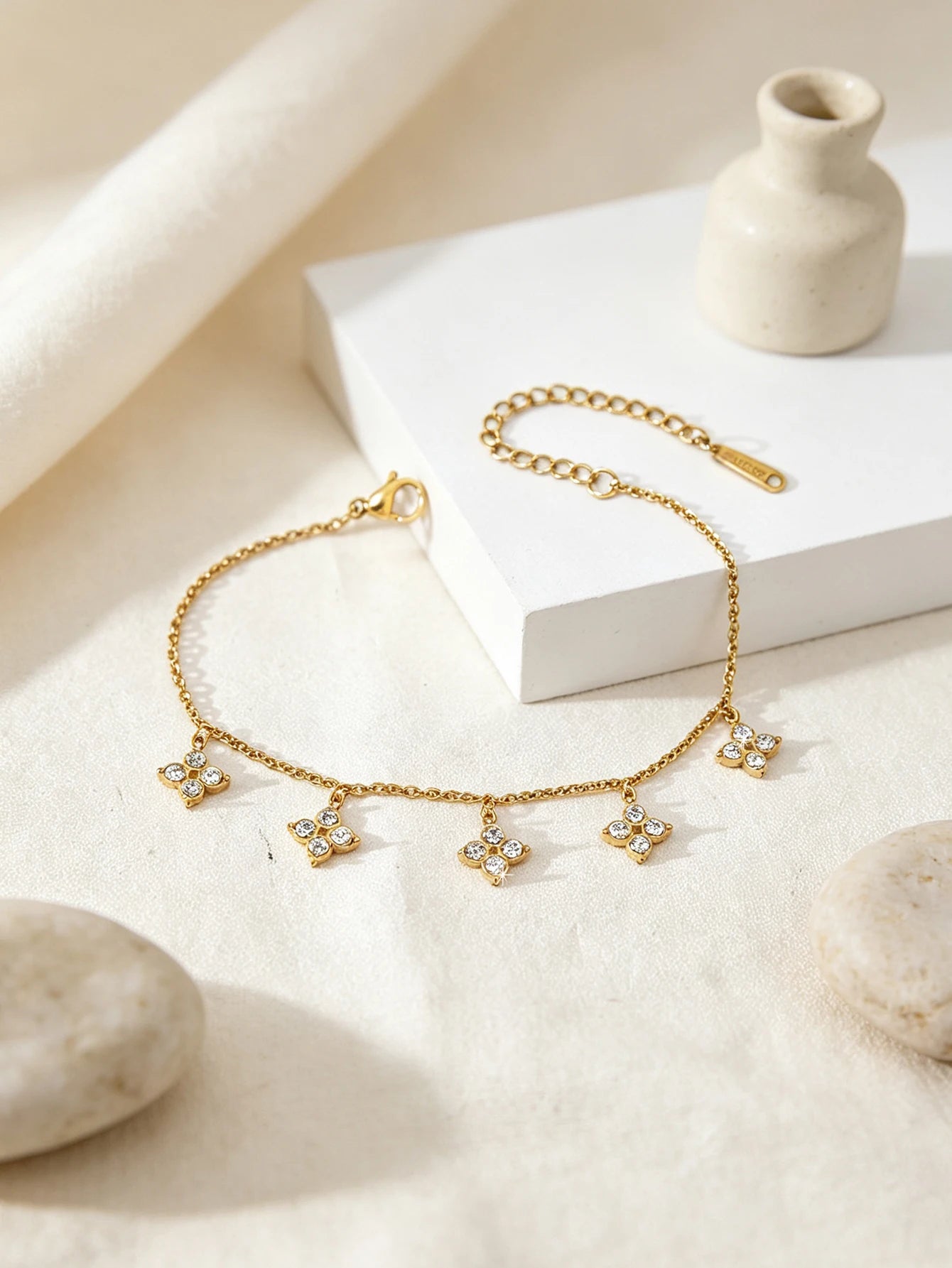 1PC Vintage Ins Fresh Exquisite Jewelry for Women,Stainless Steel Necklace or Bracelet Inlaid Lucky Flower Zircon & Spacer Beads