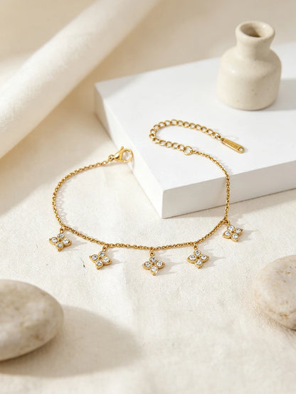 1PC Vintage Ins Fresh Exquisite Jewelry for Women,Stainless Steel Necklace or Bracelet Inlaid Lucky Flower Zircon & Spacer Beads