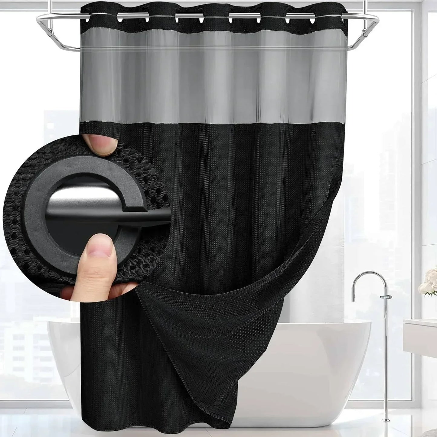 1PC Hookless Waffle Check Shower Curtain Hotel Grade Double Layer Waterproof Bathroom Shower Curtain Easy to Install 10 Colors