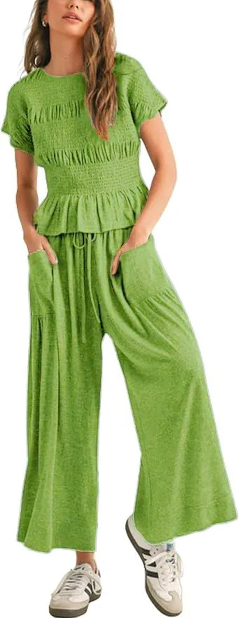 2 Pieces Set for Woman Cotton Pants Solid Long Trousers Two Piece Set Wide Leg Harem Pants Drawstring Casual Pants Blue Womens