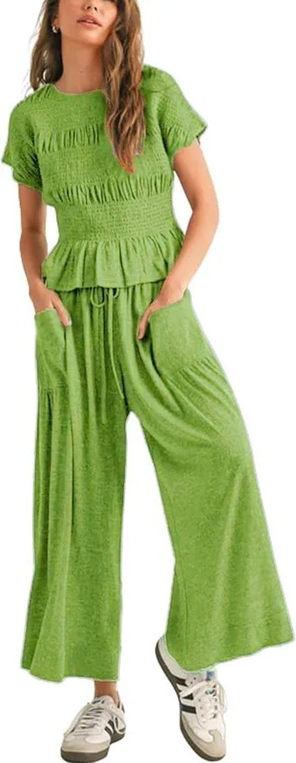 2 Pieces Set for Woman Cotton Pants Solid Long Trousers Two Piece Set Wide Leg Harem Pants Drawstring Casual Pants Blue Womens