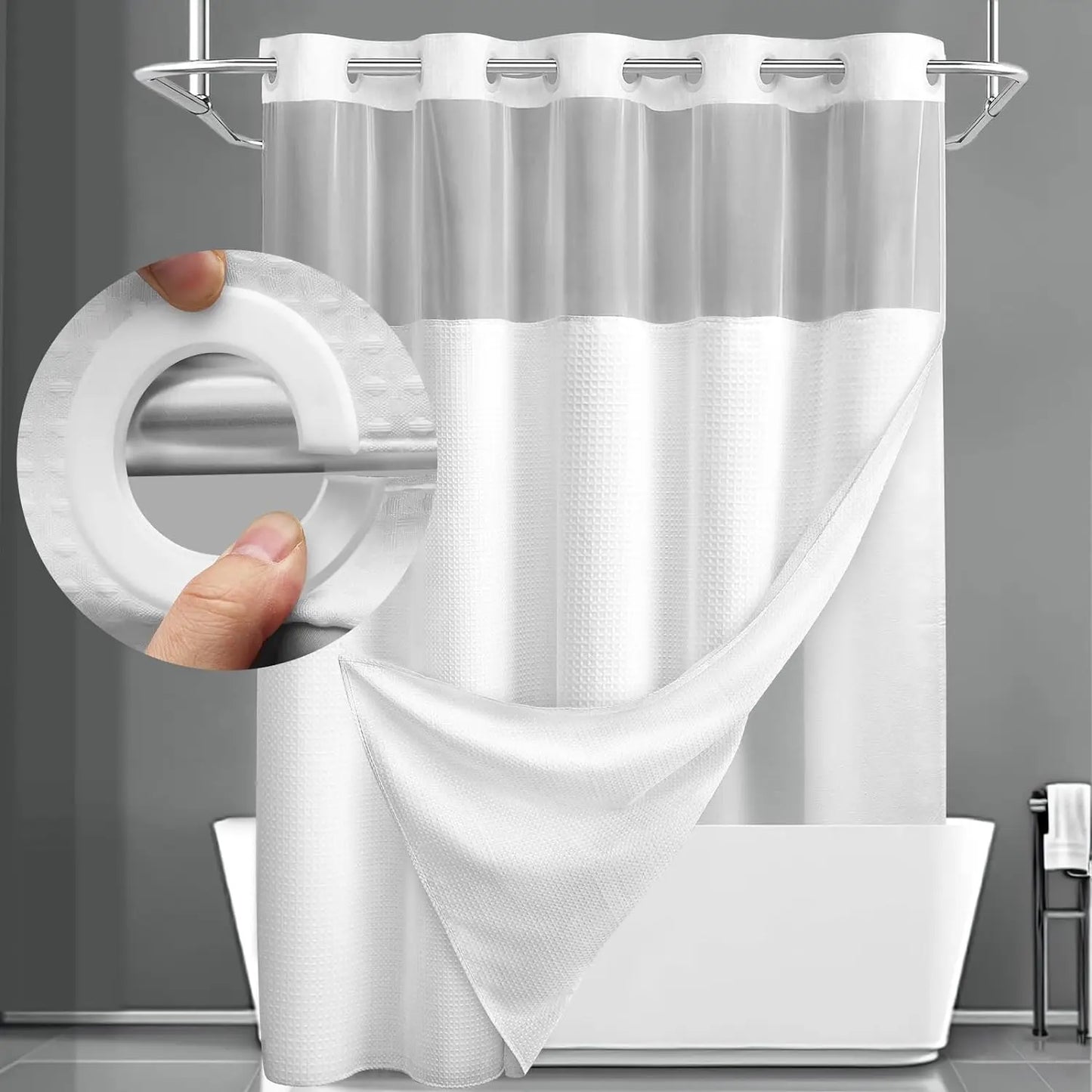 No Hook Washable Waffle Weave Shower Curtain with Snap in Liner -Waterproof Double Layer Shower Curtain with Washableinner Liner, 72 X75 Inch Showercurtain