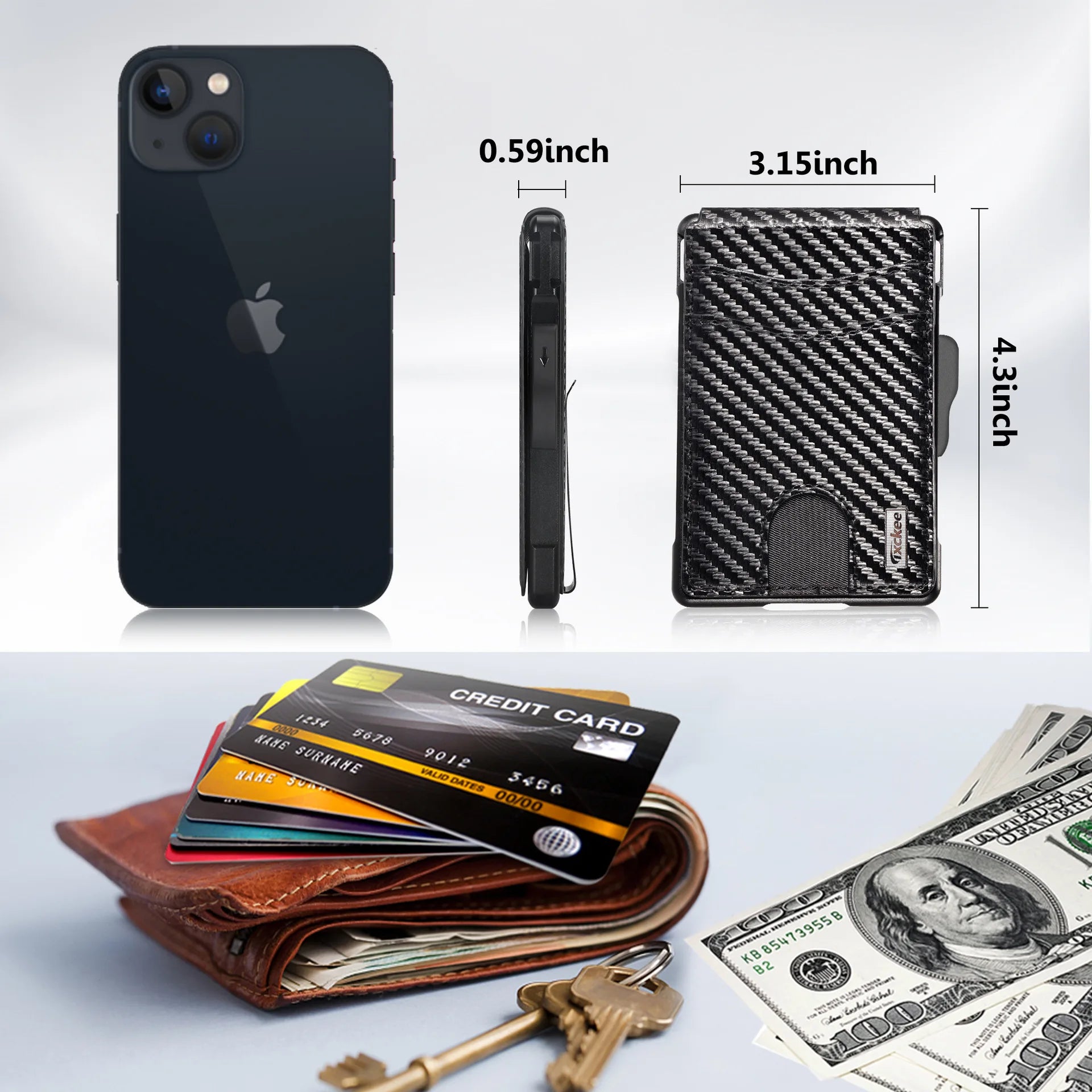 RFID Blocking Pop up Card Holder Wallet for Men Carbon Fiber Texture PU Leather Aluminum Slim Money Clip ID Window