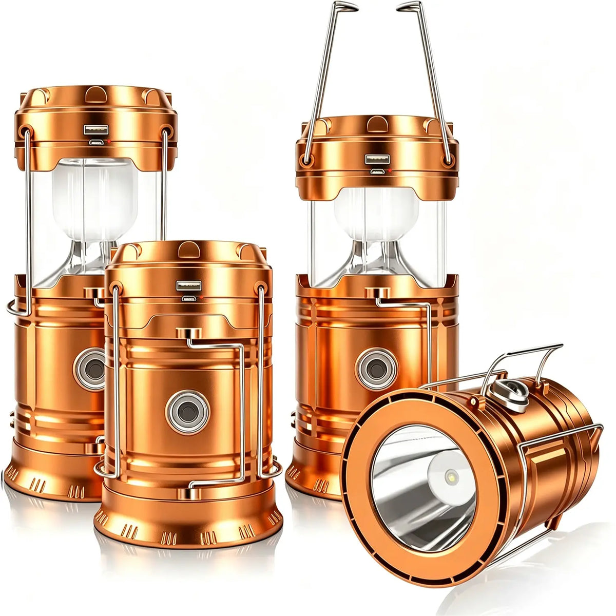 4-Pack Foldable Compact LED Lanterns - Durable, Waterproof, Solar-Usb Rechargeable, Solar Powered, Brightness Adjustable, Heat/Freeze Ready, Batteries-Included Emergency Lights with Flashlight Mode, Carries in Small Bags, for Home Power Outages, Hiking, F