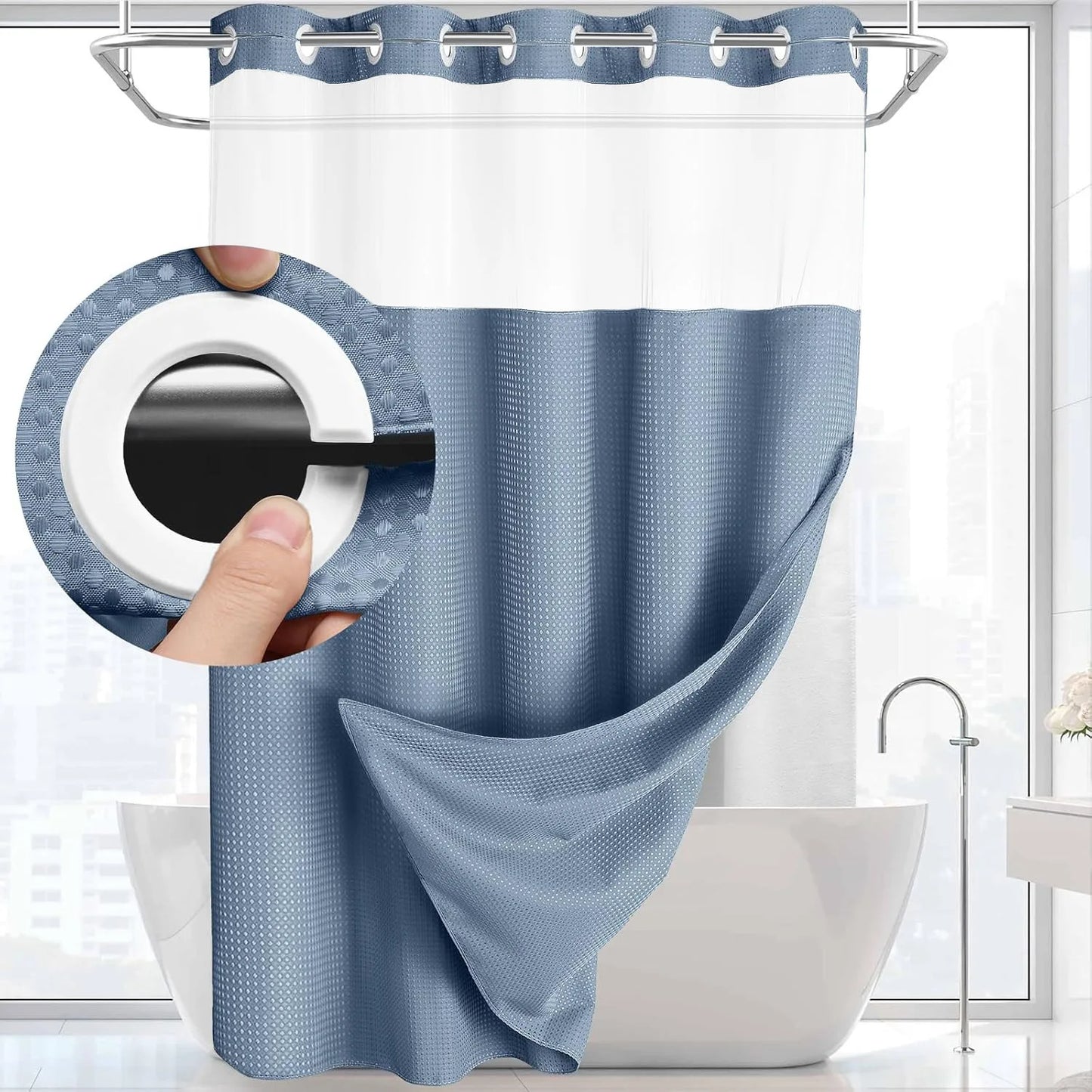 1PC Hookless Waffle Check Shower Curtain Hotel Grade Double Layer Waterproof Bathroom Shower Curtain Easy to Install 10 Colors