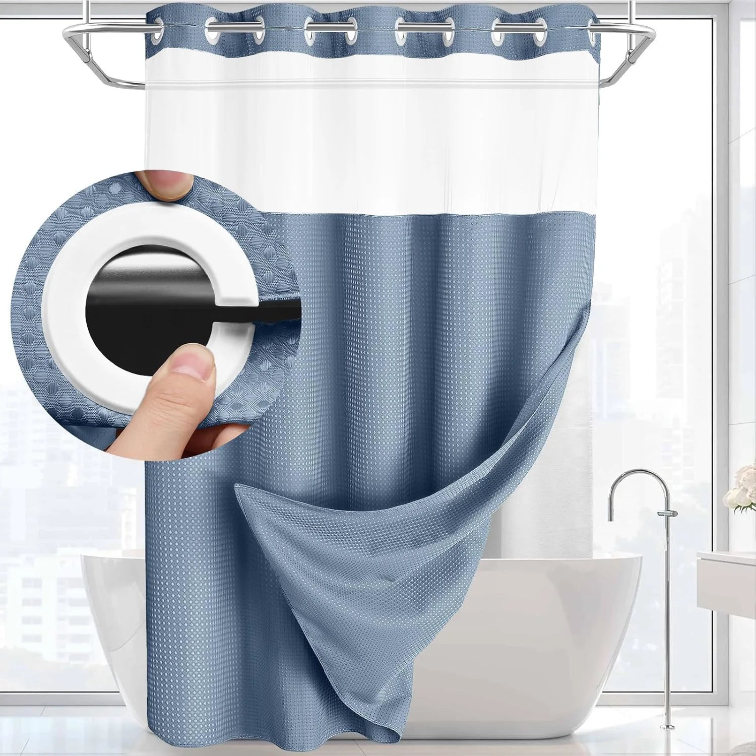 1PC Hookless Waffle Check Shower Curtain Hotel Grade Double Layer Waterproof Bathroom Shower Curtain Easy to Install 10 Colors