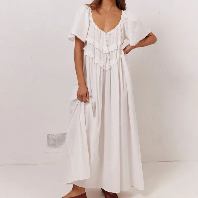 Vacation Dresses Women Y2K Clothes Solid/Plaid Print Low Cut Short Sleeve Swing Loose Long Dress Ladies Party Dresses