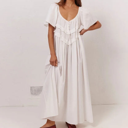Vacation Dresses Women Y2K Clothes Solid/Plaid Print Low Cut Short Sleeve Swing Loose Long Dress Ladies Party Dresses