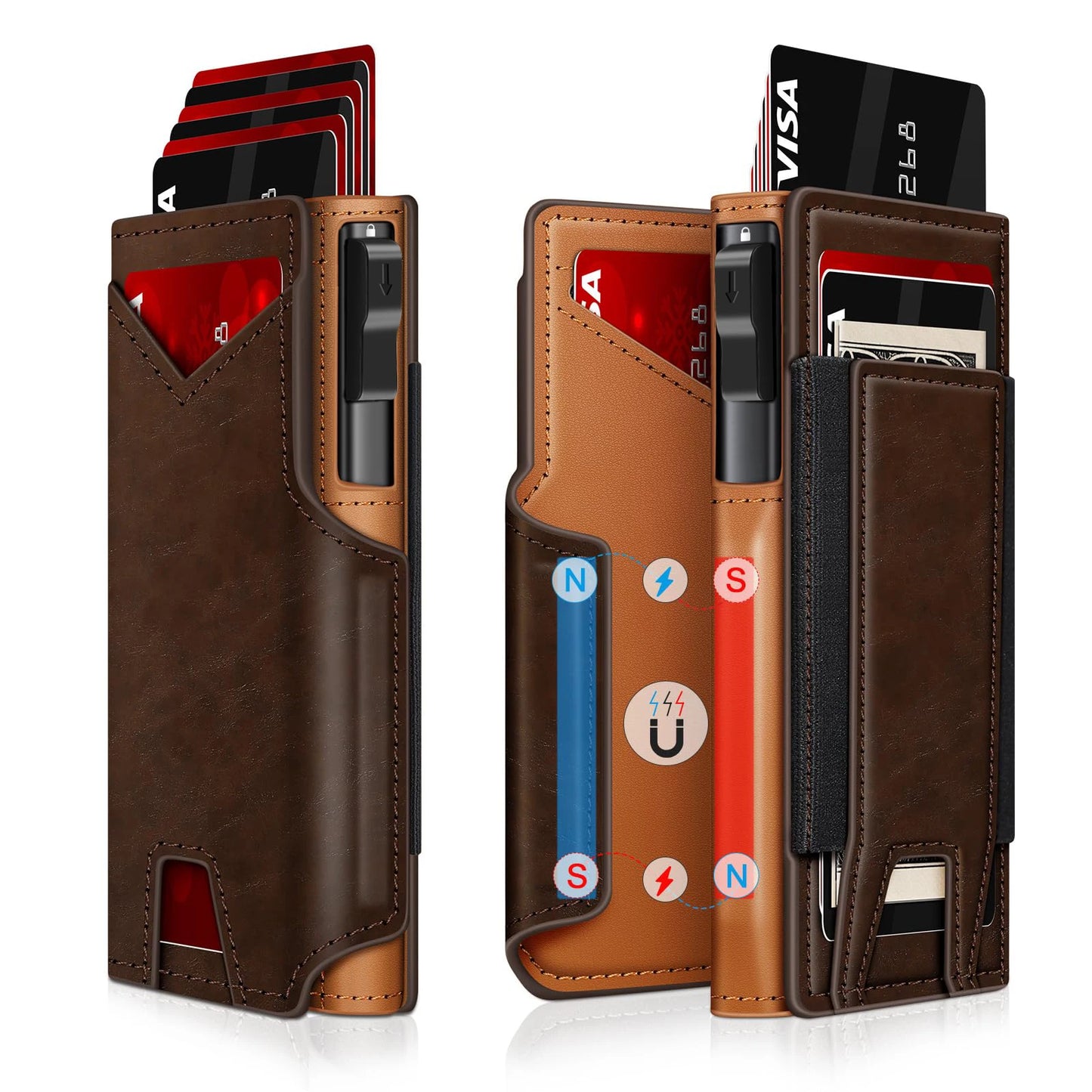Men'S Black PU Leather Wallet Slim Bifold Magnetic Closure RFID Blocking Wallet with Pop up Metal Card Holder with Cash Strap