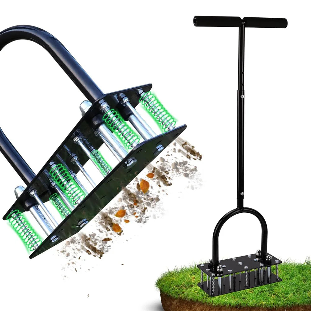 Lawn Aerator, Automatic Dirt and Leaf Clean Design, Heavy Duty Manual Lawn Aerator Tool with 15 Iron Spikes