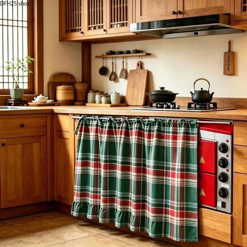 【Summerwins】2026 Farmhouse-Style Stove Curtain, Gingham Grid Ruffle-Edge Tier Curtains, Rural Short Window Valance, Home Kitchen Dust Cover, Plaid Floral Window Treatments, Aesthetic House Decor, Unique Room Decor