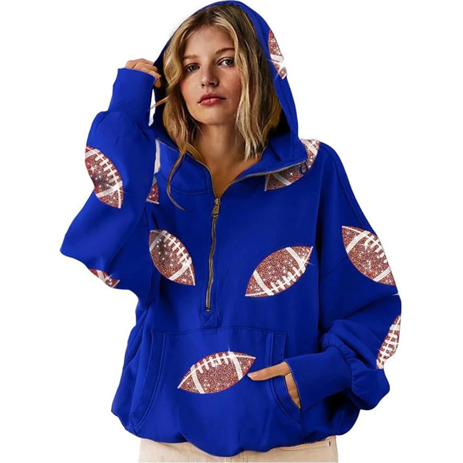 2025 Women Hooded Sweatshirt Rugby Print Half Zipper Hoodie Long Sleeve Hooded Sequined Rugby Loose Sweatshirt Pullover Tops