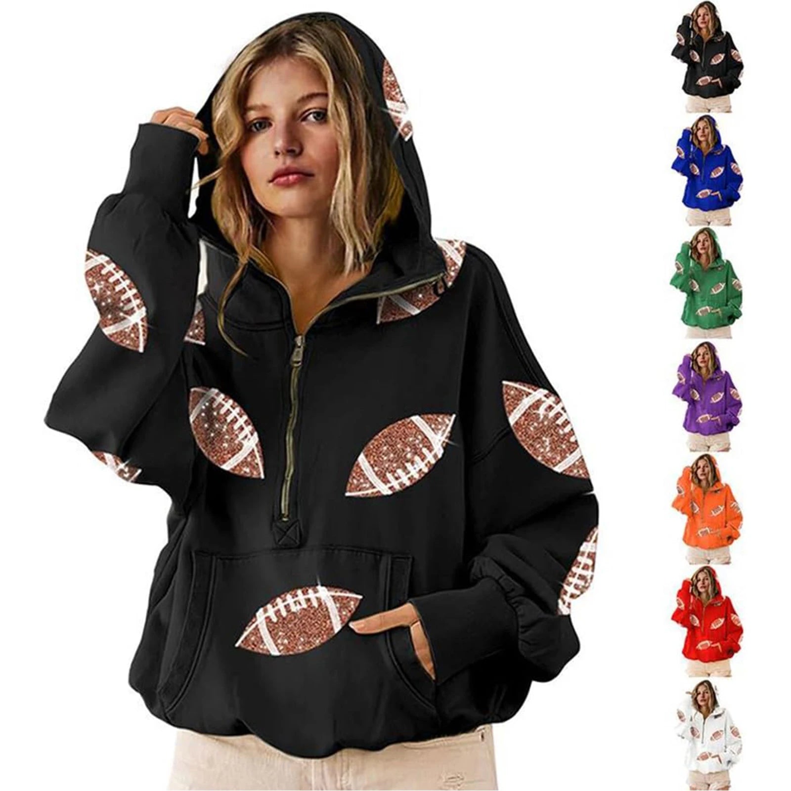2025 Women Hooded Sweatshirt Rugby Print Half Zipper Hoodie Long Sleeve Hooded Sequined Rugby Loose Sweatshirt Pullover Tops