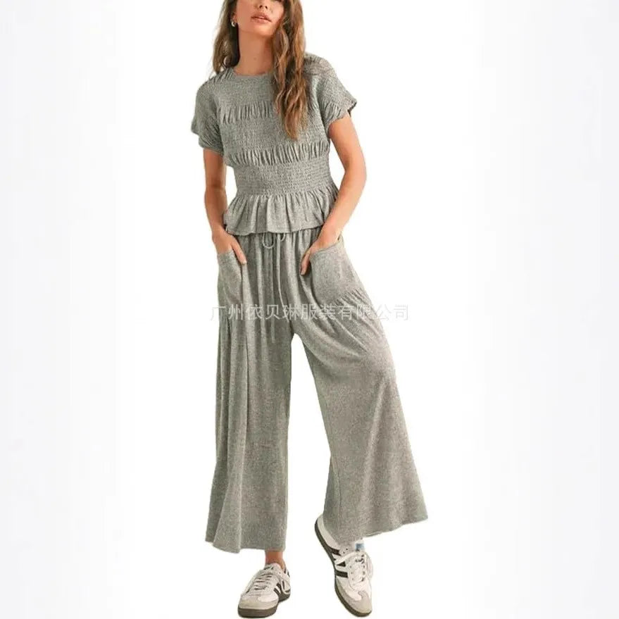 2 Pieces Set for Woman Cotton Pants Solid Long Trousers Two Piece Set Wide Leg Harem Pants Drawstring Casual Pants Blue Womens