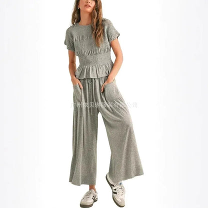 2 Pieces Set for Woman Cotton Pants Solid Long Trousers Two Piece Set Wide Leg Harem Pants Drawstring Casual Pants Blue Womens