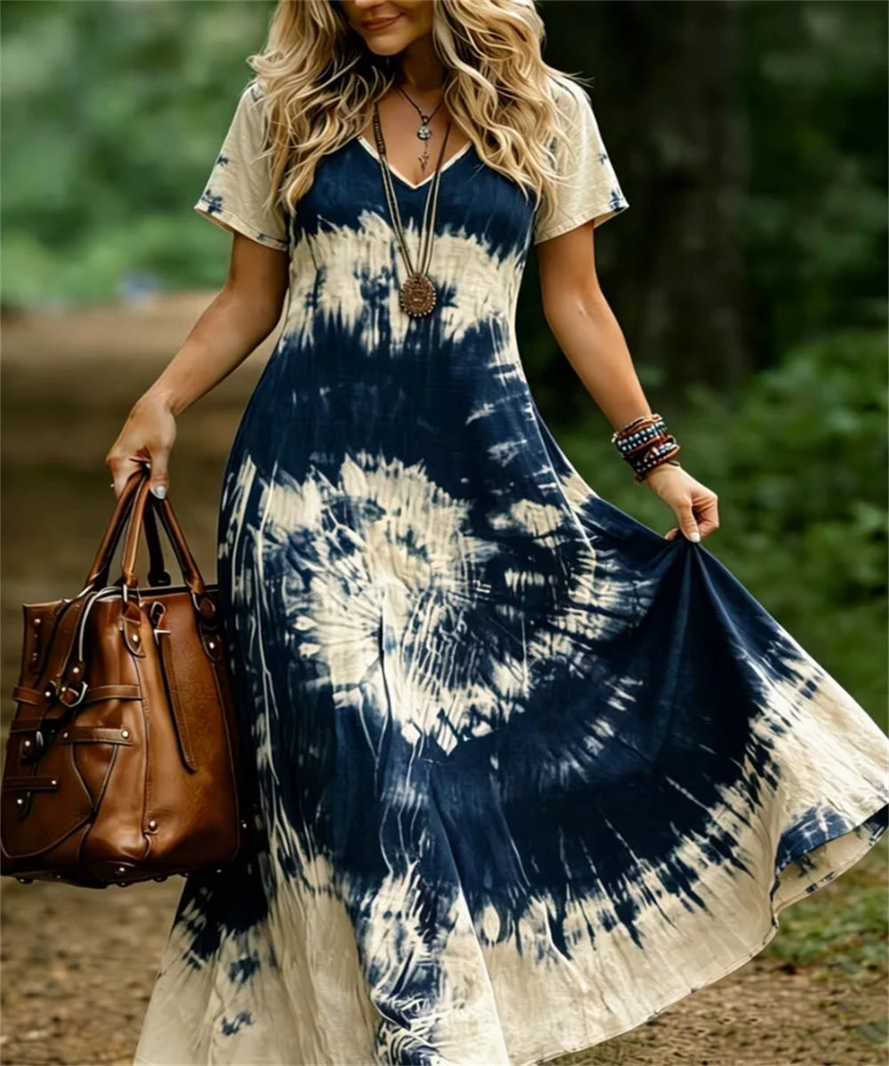 Ladies' Summer New Retro Tie Dye Printed Daily Comfortable Dress, Elegant and Casual V-Neck Dress