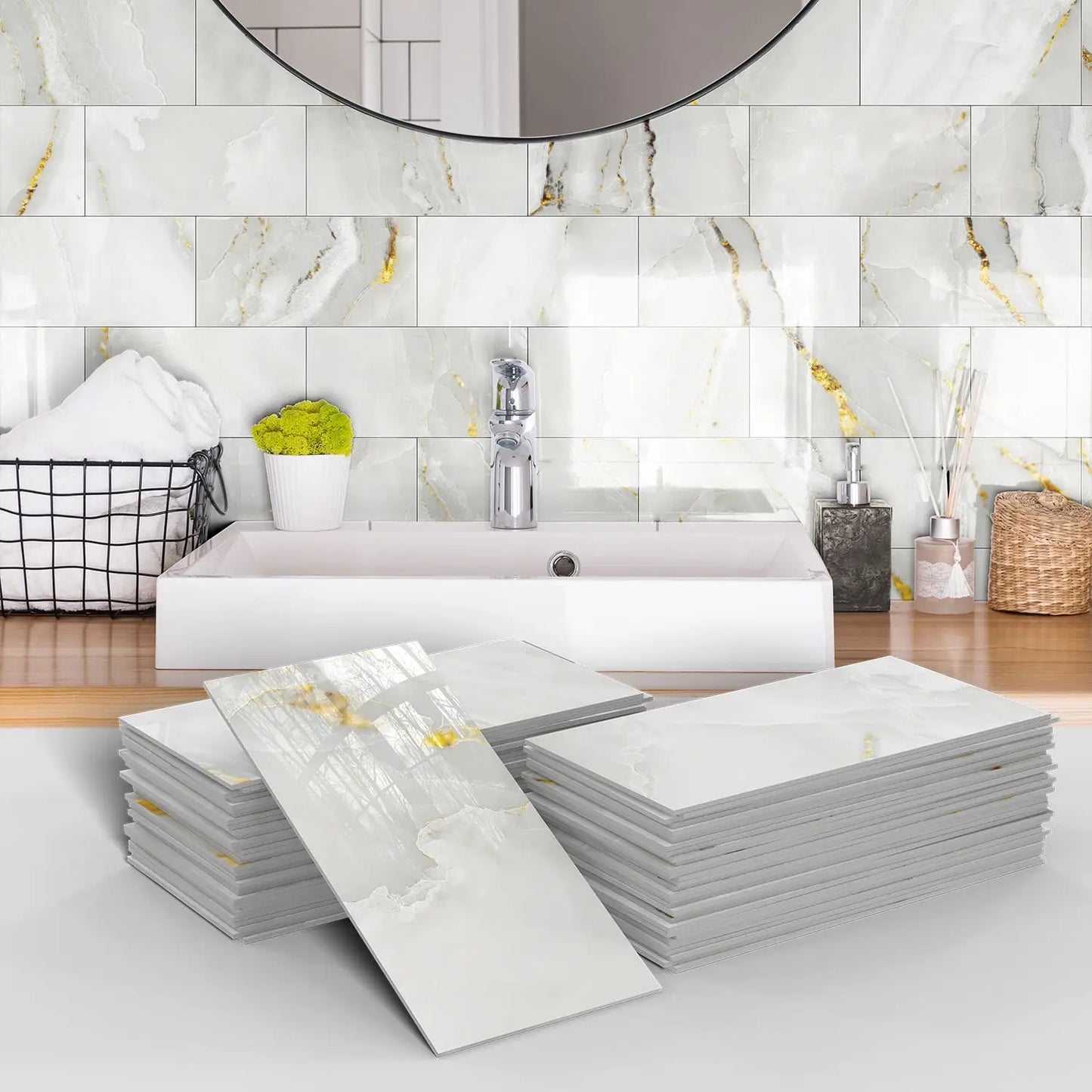 16/32/64PCS Marble Thicker Self-Adhesive Tile Stickers Waterproof Kitchen and Bathroom Minimalist Art 3D Wall Sticker Wallpaper