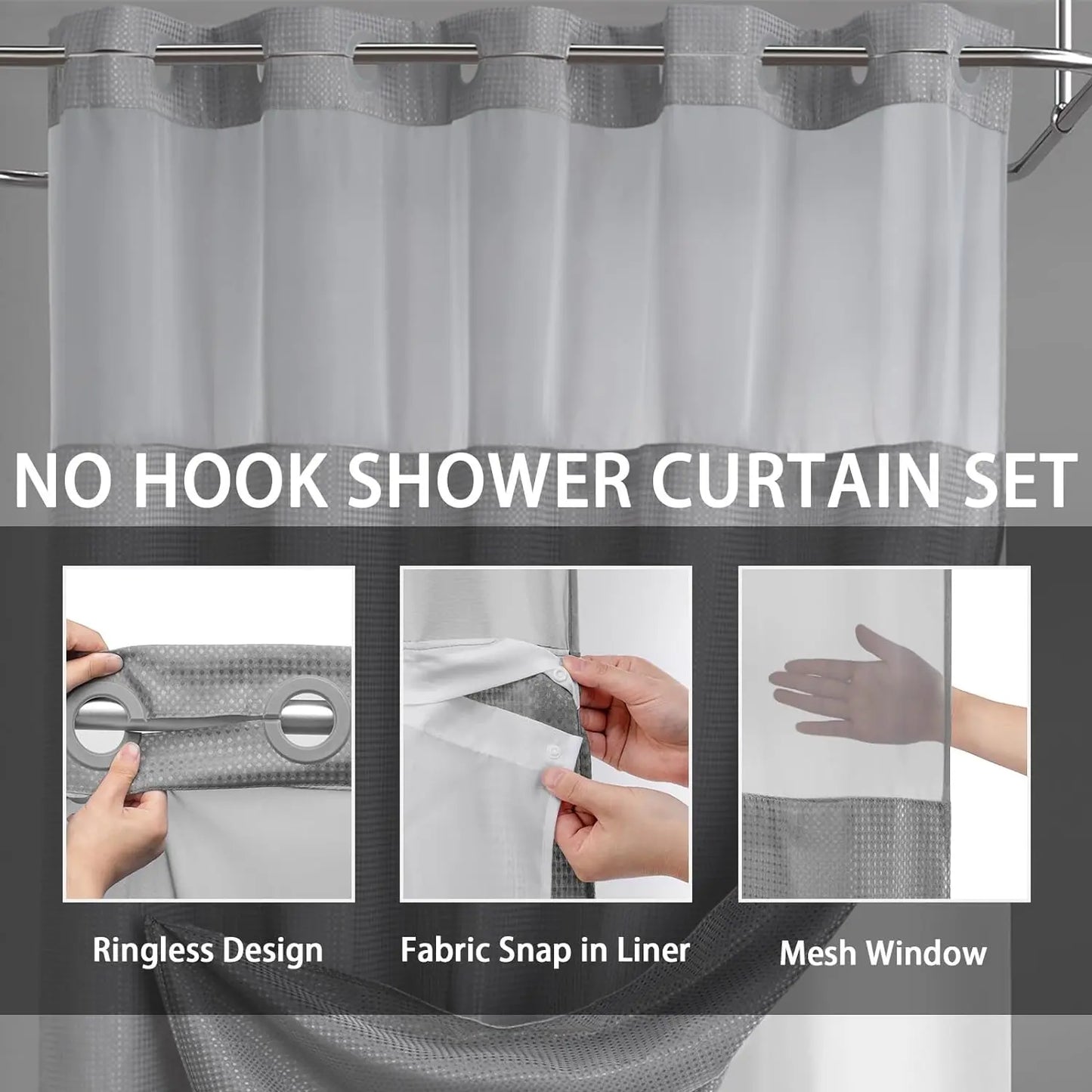 No Hook Washable Waffle Weave Shower Curtain with Snap in Liner -Waterproof Double Layer Shower Curtain with Washableinner Liner, 72 X75 Inch Showercurtain