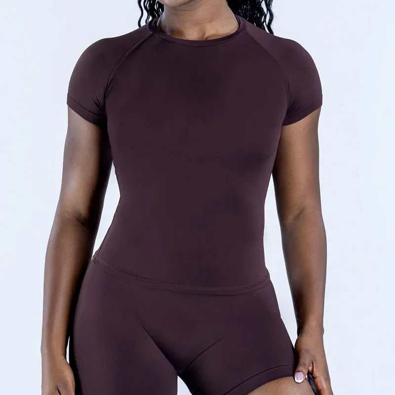 3Df-Women Yoga Set Seamless Short Sleeve Sports Top High Waist Biker Shorts Fitness Gym Workout Activewear Set