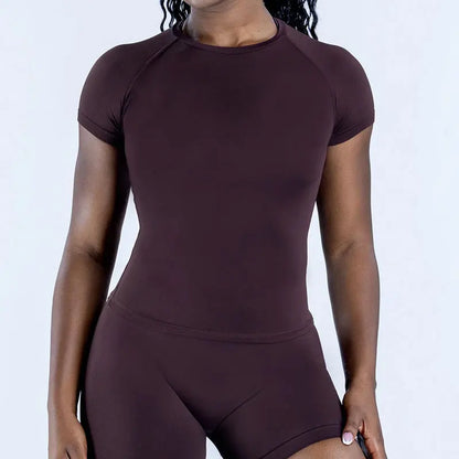 3Df-Women Yoga Set Seamless Short Sleeve Sports Top High Waist Biker Shorts Fitness Gym Workout Activewear Set