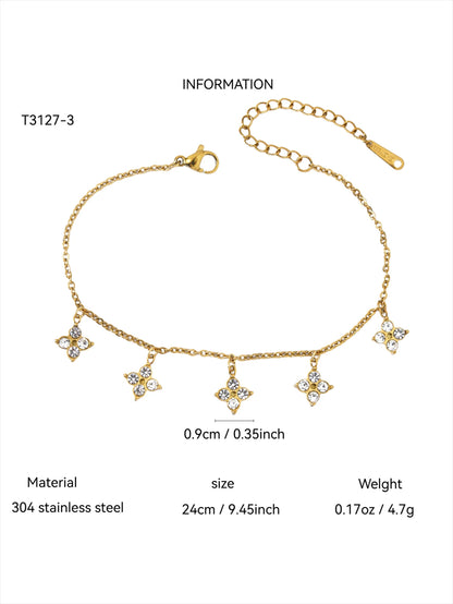 1PC Vintage Ins Fresh Exquisite Jewelry for Women,Stainless Steel Necklace or Bracelet Inlaid Lucky Flower Zircon & Spacer Beads