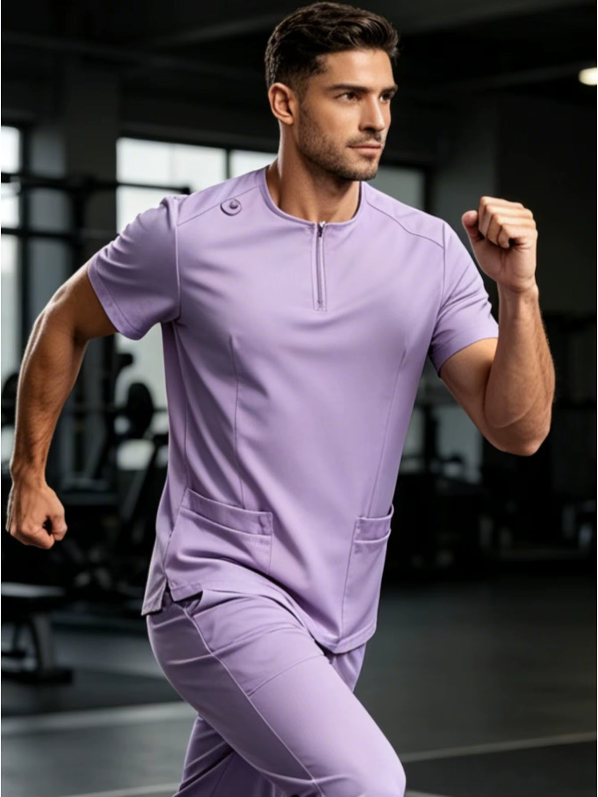 Mens Stand Collar Zip Front Scrub Set Workwear Straight Leg Pants Casual Gym Fitness Uniform Suit