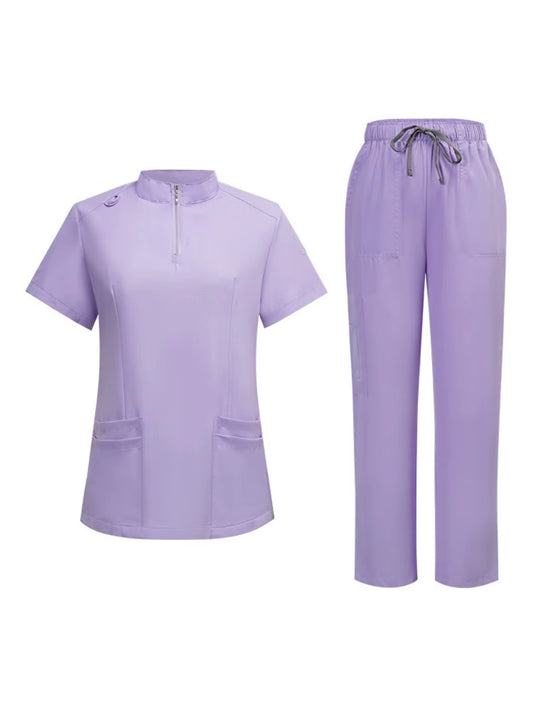 Mens Stand Collar Zip Front Scrub Set Workwear Straight Leg Pants Casual Gym Fitness Uniform Suit