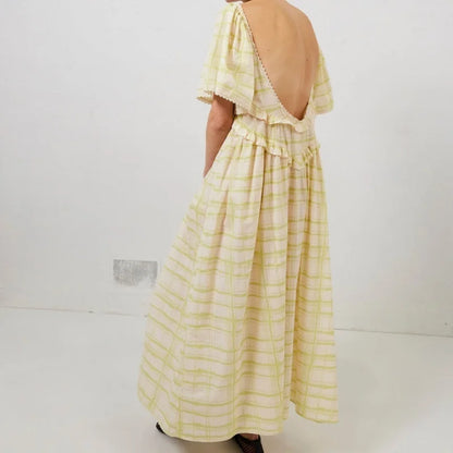 Vacation Dresses Women Y2K Clothes Solid/Plaid Print Low Cut Short Sleeve Swing Loose Long Dress Ladies Party Dresses