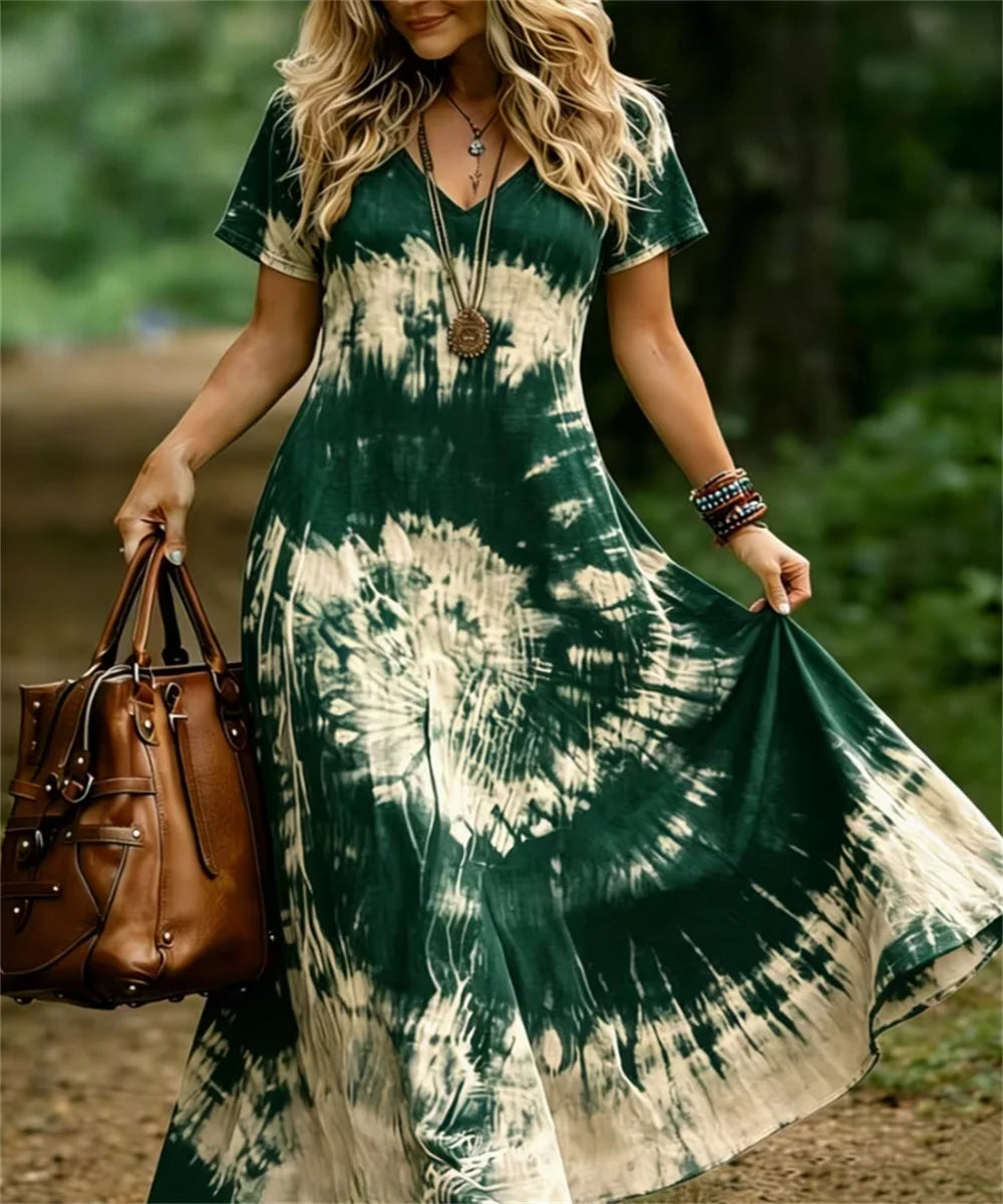 Ladies' Summer New Retro Tie Dye Printed Daily Comfortable Dress, Elegant and Casual V-Neck Dress