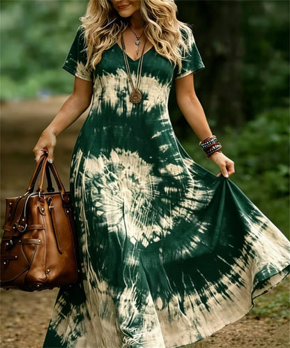 Ladies' Summer New Retro Tie Dye Printed Daily Comfortable Dress, Elegant and Casual V-Neck Dress